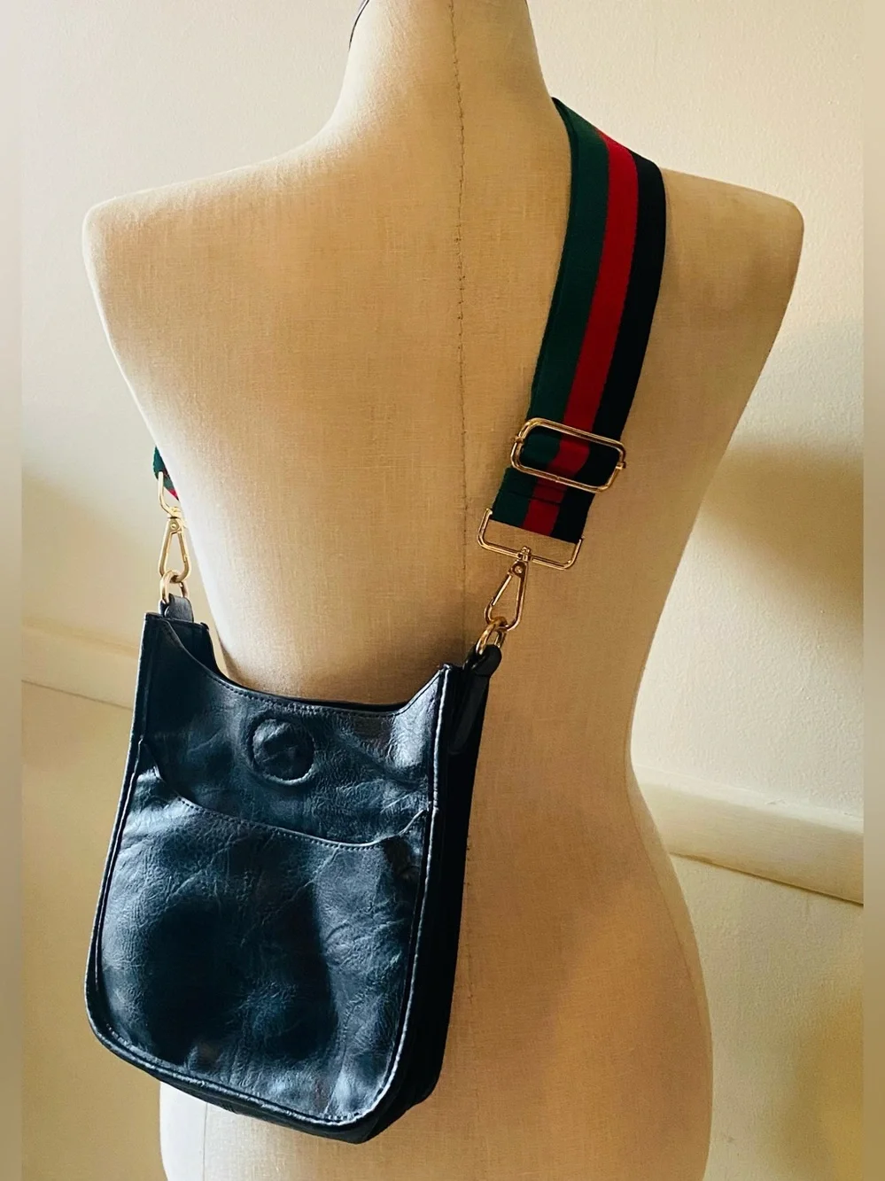 Adorned black vegan leather messenger bag with a red and green striped web stra - Picture 2 of 3